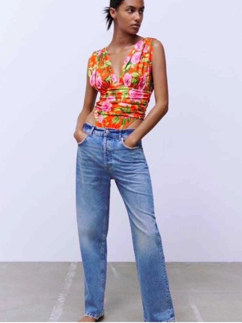 NWT Zara Floral Deep V Orange Bodysuit Size Small